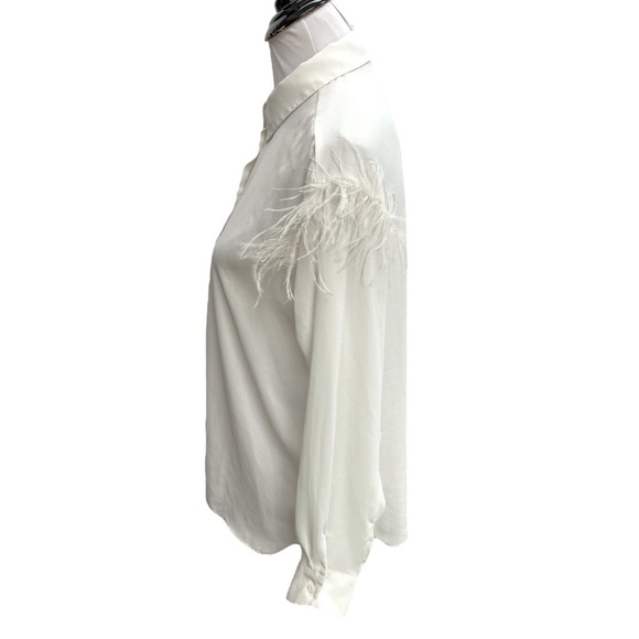 Zara Boa Feather Shoulders Button Down Blouse Off White Size Medium - Picture 4 of 8